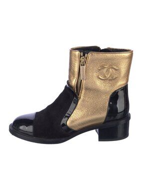 Chanel Gold Black Patent Leather CC Logo Moto Boots